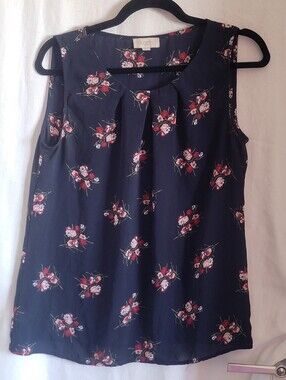 LOFT Navy Floral Pleated Neck Sleeveless Top